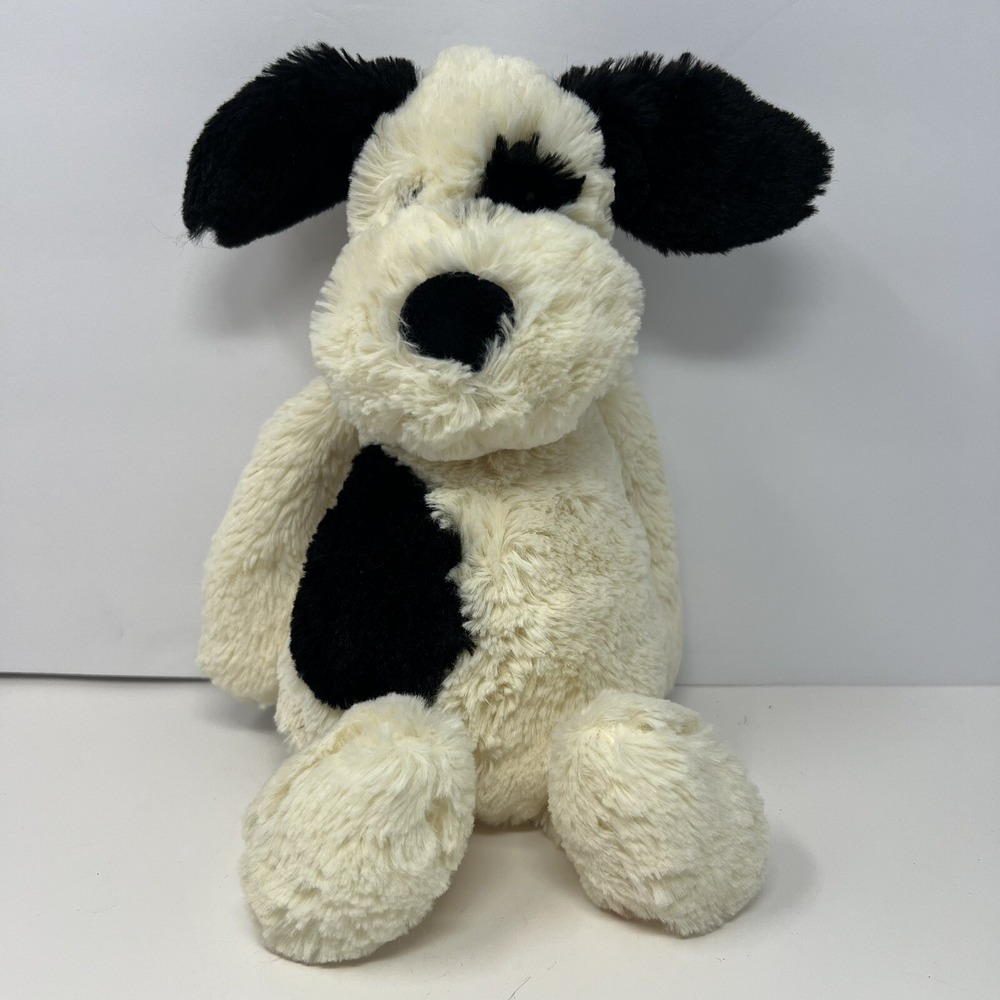 Jellycat Bashful Dog Puppy Plush Black white Stuffed Animal 9" Spotted eye Pup
